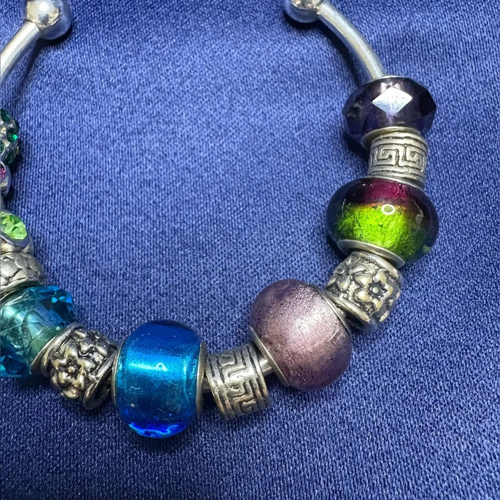 Bracelet Cuff Charms Glass Beads Colorful Silver tone